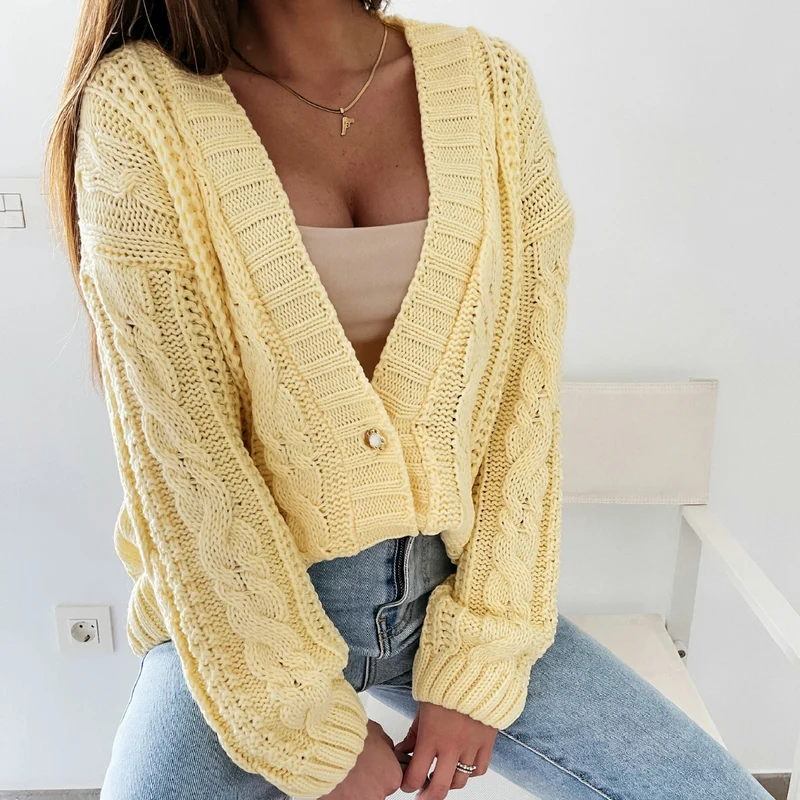 Winter Women Knitted Cardigan Sweater V-neck Long Sleeve Fried Dough Twists Solid Color Casual Autumn Elegant Lady Casual Coat