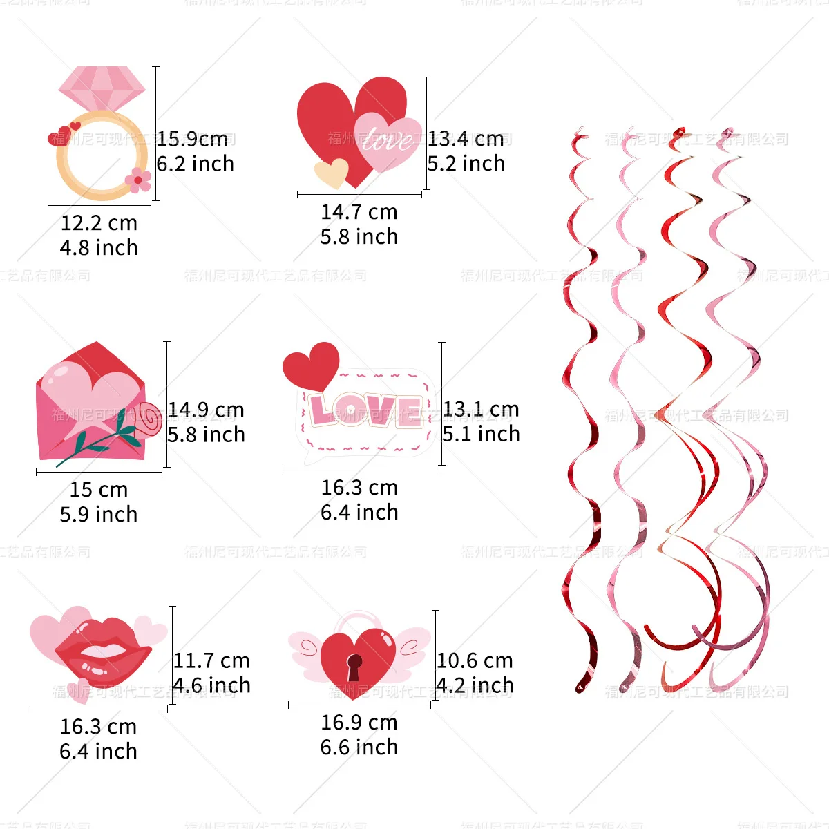 

Украшения на День святого Валентина, спиральный кулон, 18 шт. (6 типов открыток, 3 шт. каждого типа) и 30 спиральных лент, набор Love PVC