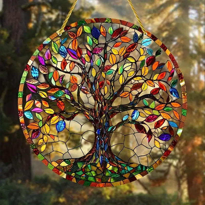 Round Stained Glass Sun Catcher 2D Tree Sun Catcher For Window Exquisite Round Colored Tree Sign Decorations Door Handle Display