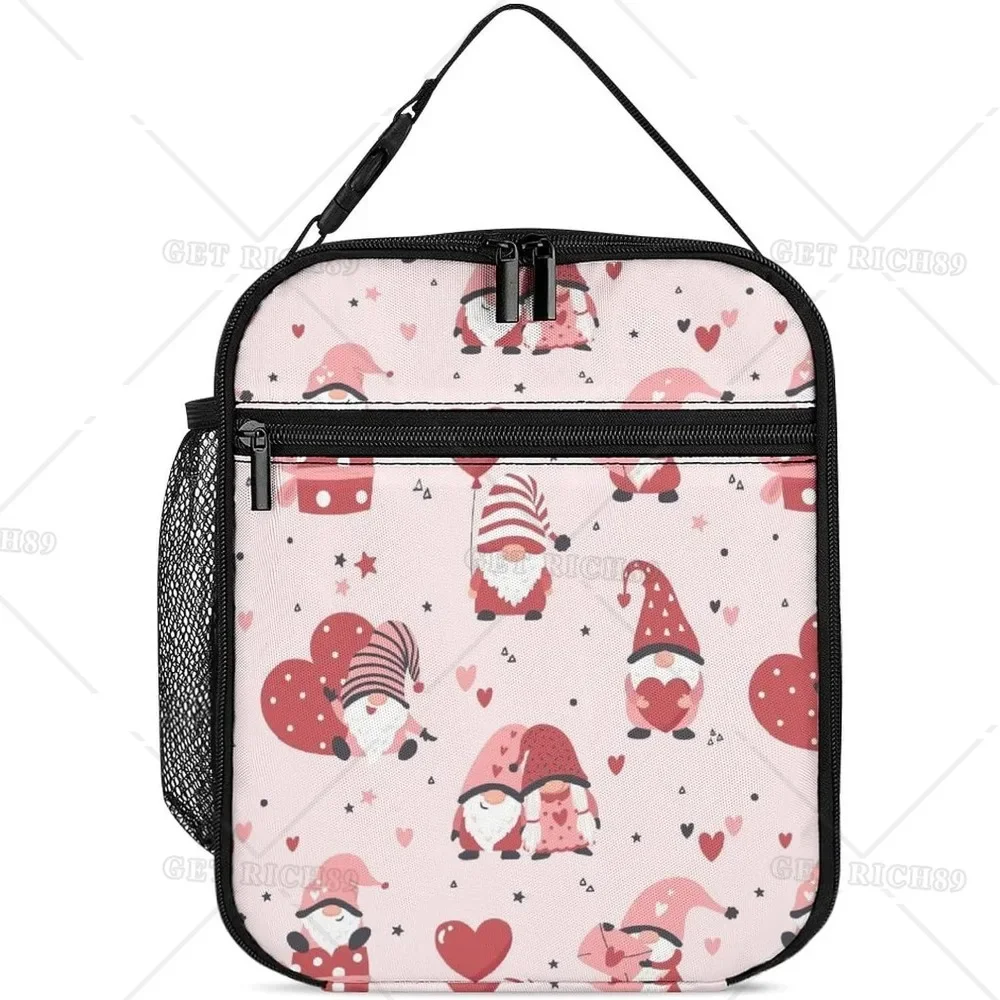 

Cute Gnomes Hearts Reusable Portable Lunch Bag for Men Women, Valentine's Day Theme Insulated Bags for Office Work Trip