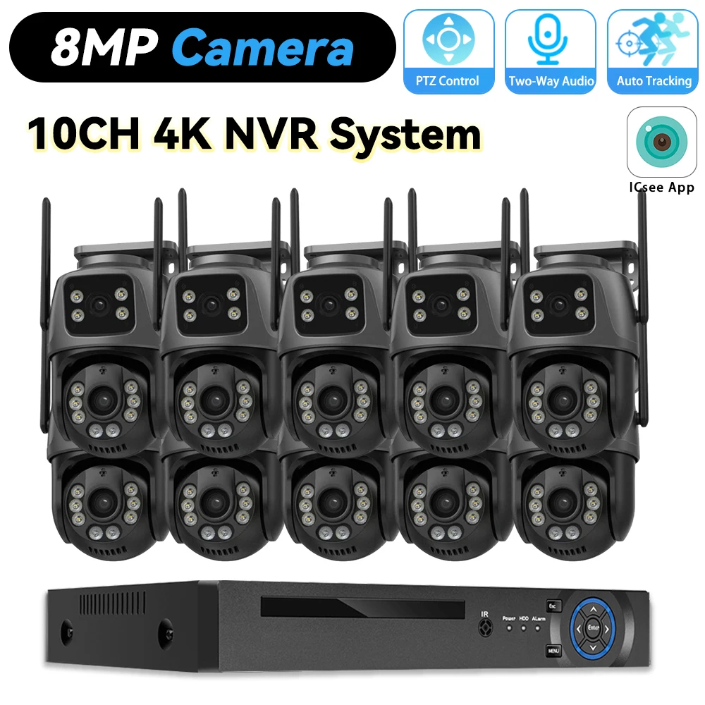 8MP POE NVR 10채널 4K 보안 듀얼 렌즈 WIFI PTZ 카메라 시스템 실외 양방향 오디오 IP 카메라 비디오 감시 세트 XMeye 앱