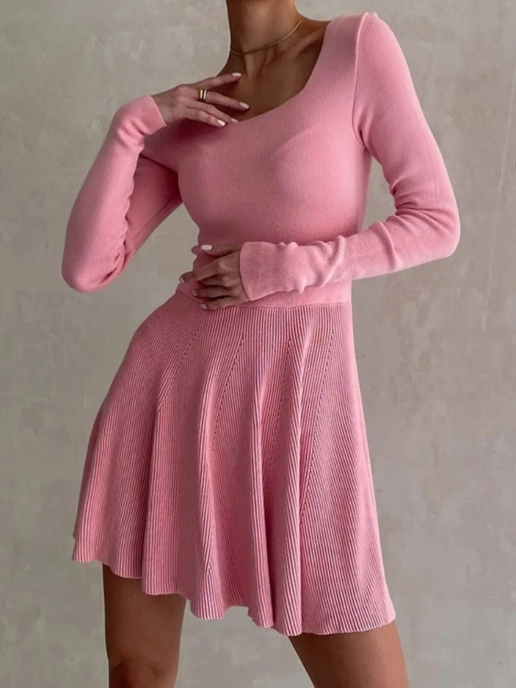 

Женское Короткое трикотажное платье-свитер, элегантное однотонное модное милое мини-платье в Корейском стиле с квадратным вырезом, модель 2023 на лето