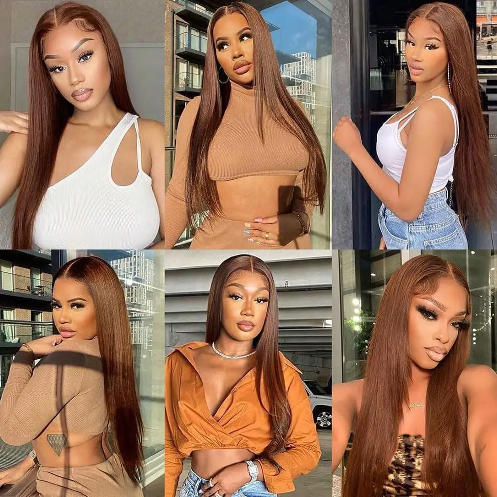 16-42Inches Human Hair Lace Front Wigs for Women 13x4 HD Chocolate Brown Straight Transparent Lace Frontal Wig 6