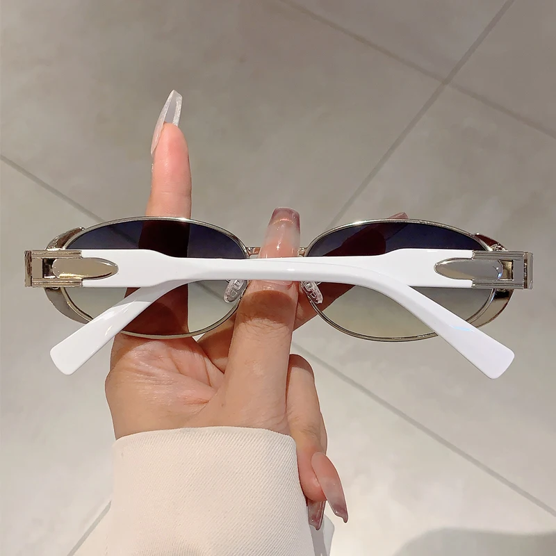 KAMMPT Mode Leopard Dekor Tawny Shades Frauen Retro Oval Metall Trends Sonnenbrille Ins Marke Design Damen Sonnenbrille für Strand – Detail 7