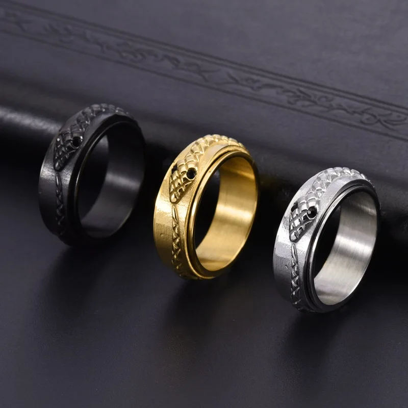 Antique Snake Band Ring for Men Women Cool Black Gold Color Stainless Steel Gorthic Animal Spinner Ring Fidget Anxiety Ring 2
