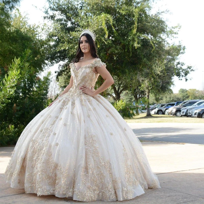 Angelsbridep Shiny Off Shoulder Lace Up Back 3D Flower Ball Gown