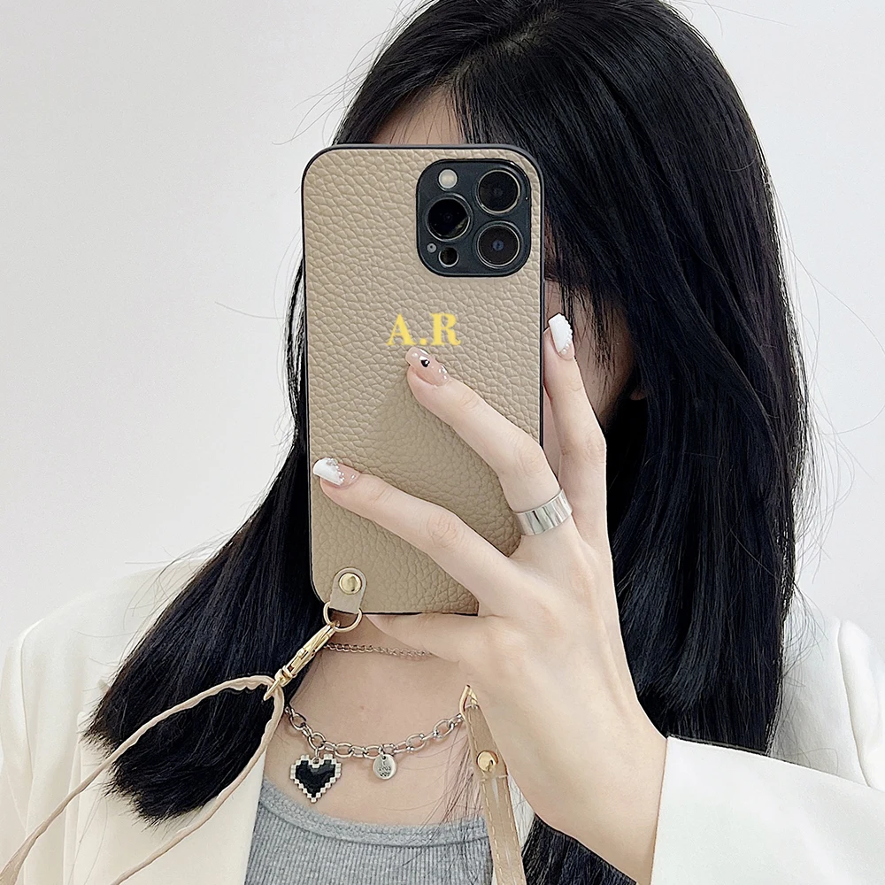 

Personalize Customize Letters Crossbody Lanyard Leather Soft Phone Case For iPhone 15 14 Pro Max 13 12 11 X XS XR 7 Plus Cover