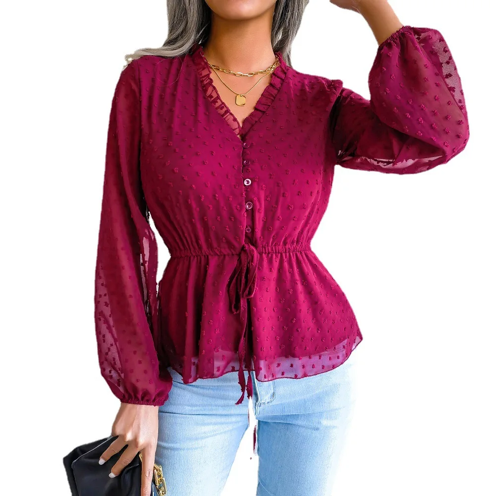 2024 Spring summer lantern long sleeve ruffled lace waist polka dot chiffon shirt for women
