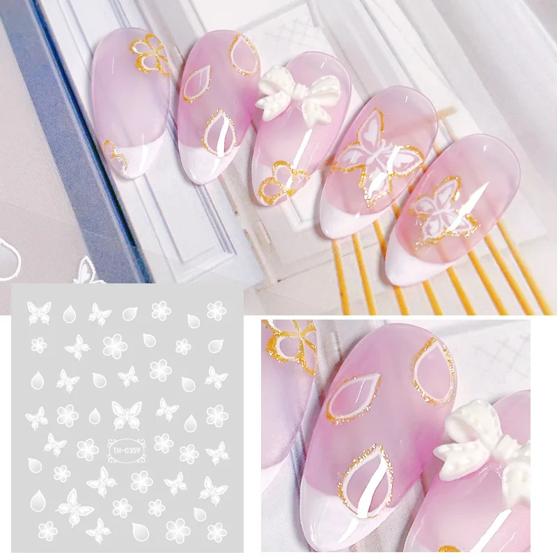 

3D Nail art sticker half clear white flowers cloud Moon press on Polish summer sliders naklejki foil accesoires adesivi decals