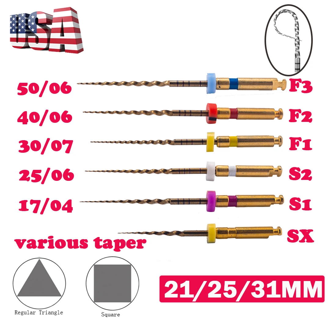 6Pcs EASYINSMILE Endodontic Dental Endo Rotary Files X-Pro Gold Taper SX/S1/S2/F1/F2/F3 Niti Root Canal Tips 25/31mm For Motor