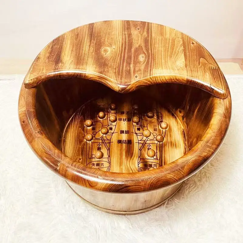 1PC Covered health foot bath tub carbonized foot bath tub household foot basin thickened solid wood with acupoints foot bath tub