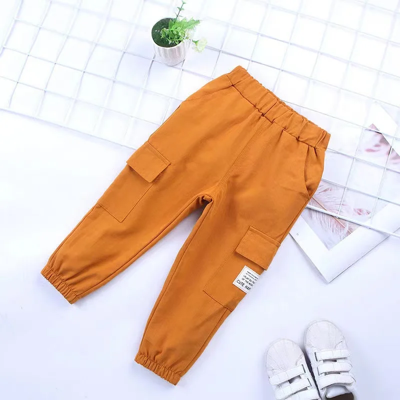 Calça casual de algodão cargo infantil, calça