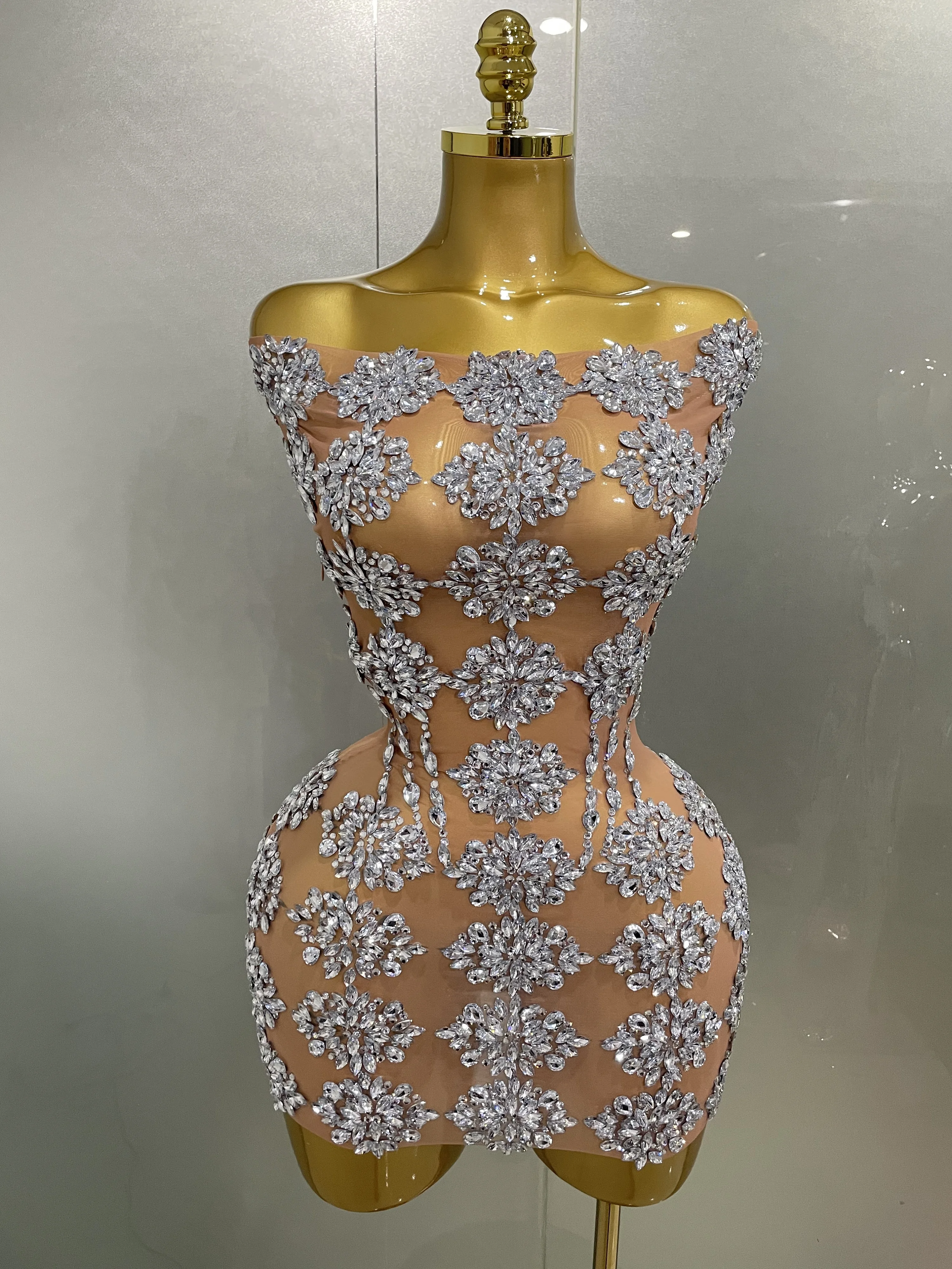 Glamorous Illusion Beige Flapper Dress Clubwear Party Back Mesh Layered Sequined One Piece main image 1
