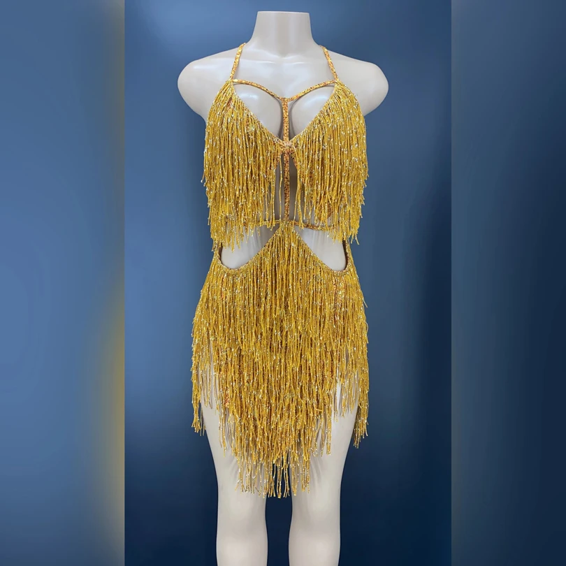 

Sexy singer Gold Fringes Costume Outfit Tassel Dress Evening Birthday Party Dance wear Nightclub show Performance wear