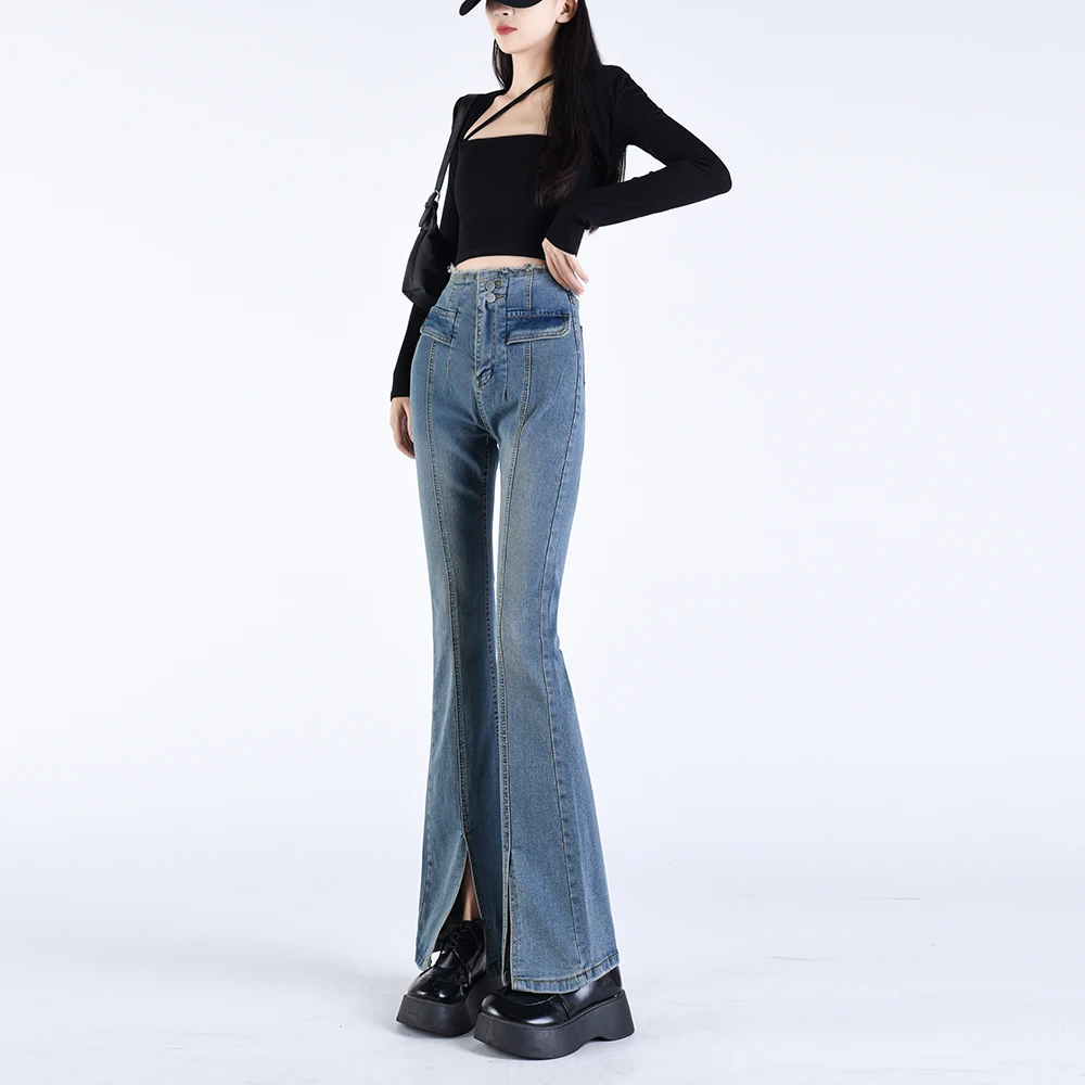 

2023 Women Stretch Jeans Solid Vintage High Waist Flare Pants Spring Skinny Split Denim Trousers Korean Y2K Jean Pantalon 7513