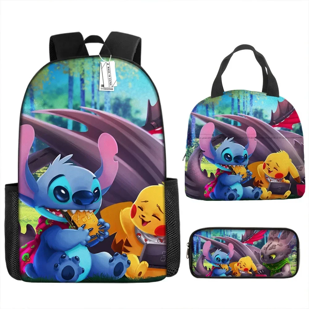 

3PC-SET MINISO Disney Stitch Cartoon Animation School Bag Backpack Lunch Bag Pen Case for Primary and Secondary School Students