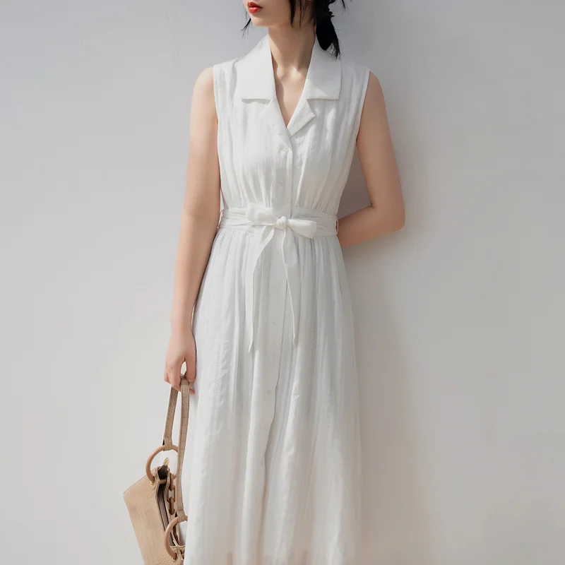 

French White Suit Collar Dress Women's Summer Gentle Style Sleeveless Waist Wrap Show Thin Literary Temperament Mid length Dress