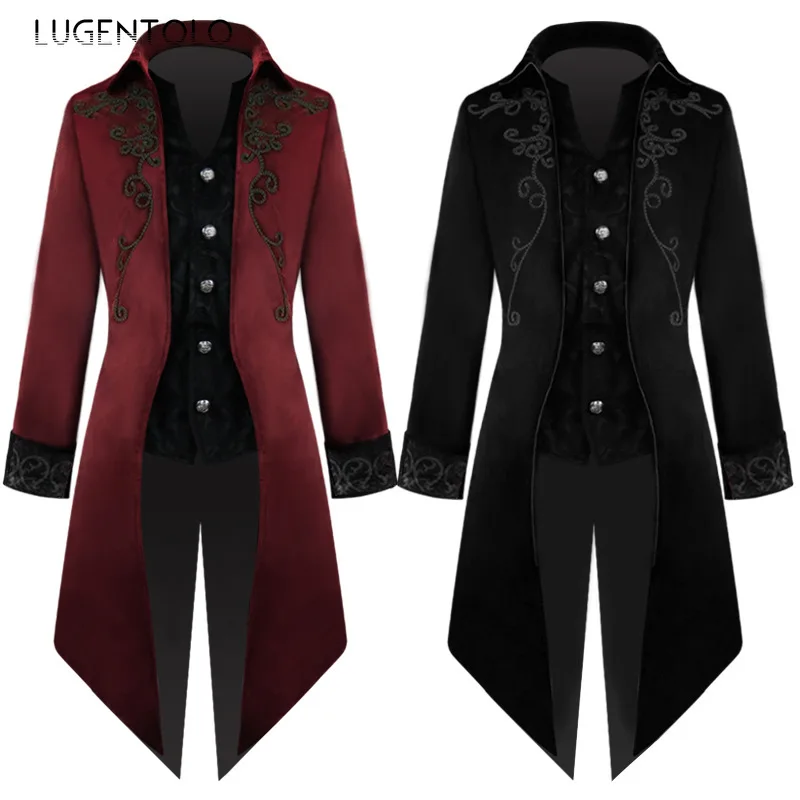 

Men Embroidery Steampunk Tailcoat Coat Medieval Costume Vintage Slim Court Tuxedo Solid Single-breasted Long Jacket