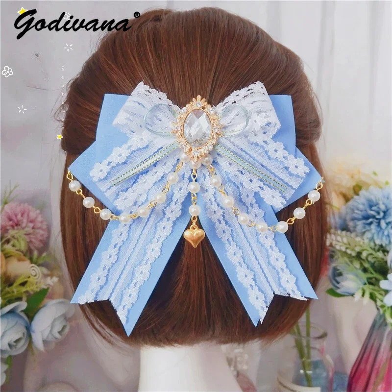 Lolita Hair Accessories Side Clip Girl Women's Sweet Heart Big Bow Hairpin Rhinestone Pearl Hair Clips japanese sweet lolita pearl rhinestone bow bag pendant handmade dream bag hanging chain pendant pink bow charms for handbag