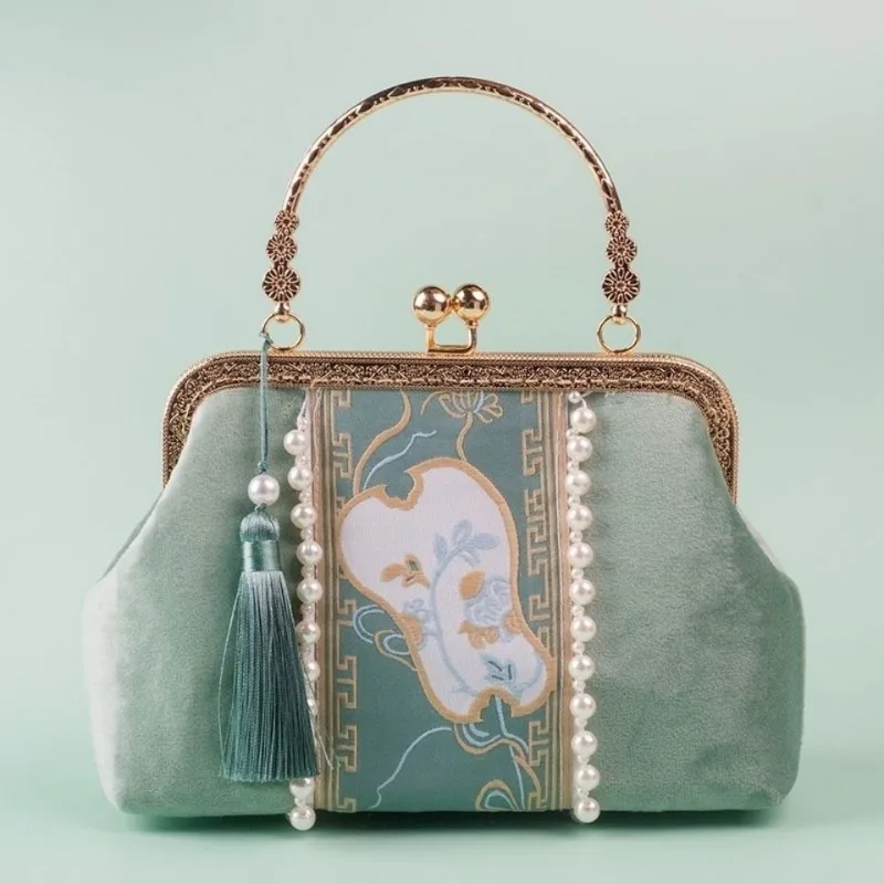 

Винтажная бархатная сумочка в стиле "Лолита" с жемчугом, женская сумка-мессенджер с цветочной вышивкой, ханьфу, чонсам, сумочка для косплея, подарок принцессы, кошелек