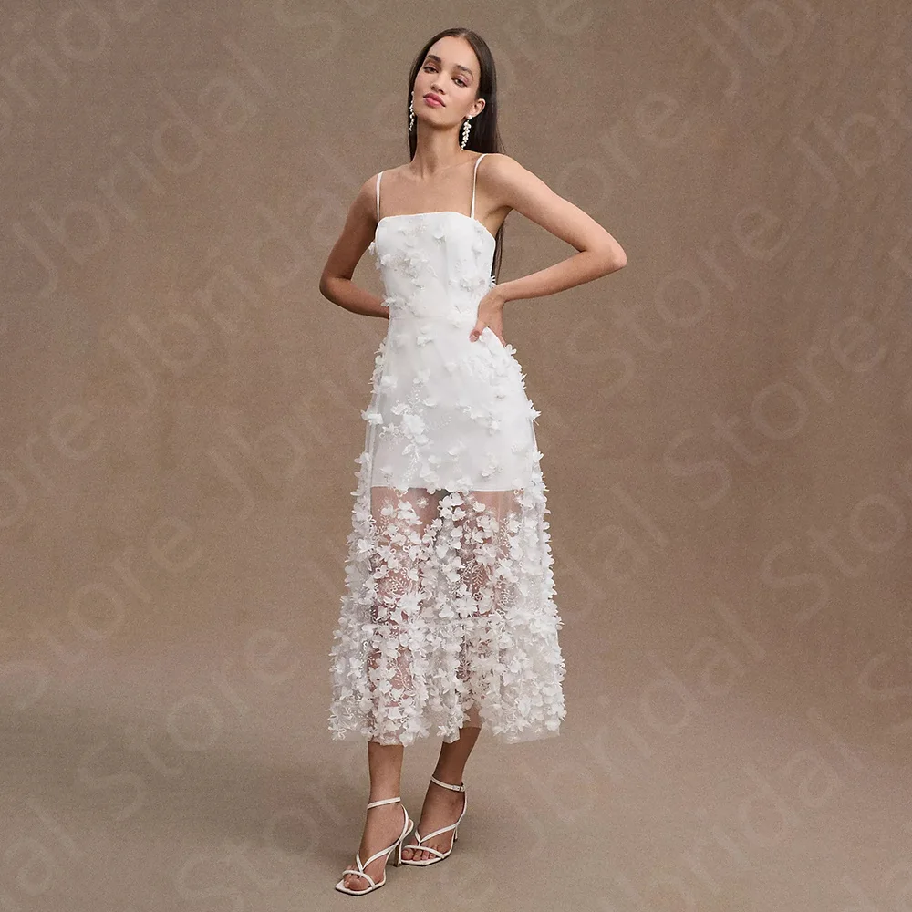 New Arrival 2024 Wedding Dresses Short Bridal Gowns Sleeveless with Straps Bride Dress Mid Calf Length Wedding Gowns Flowers