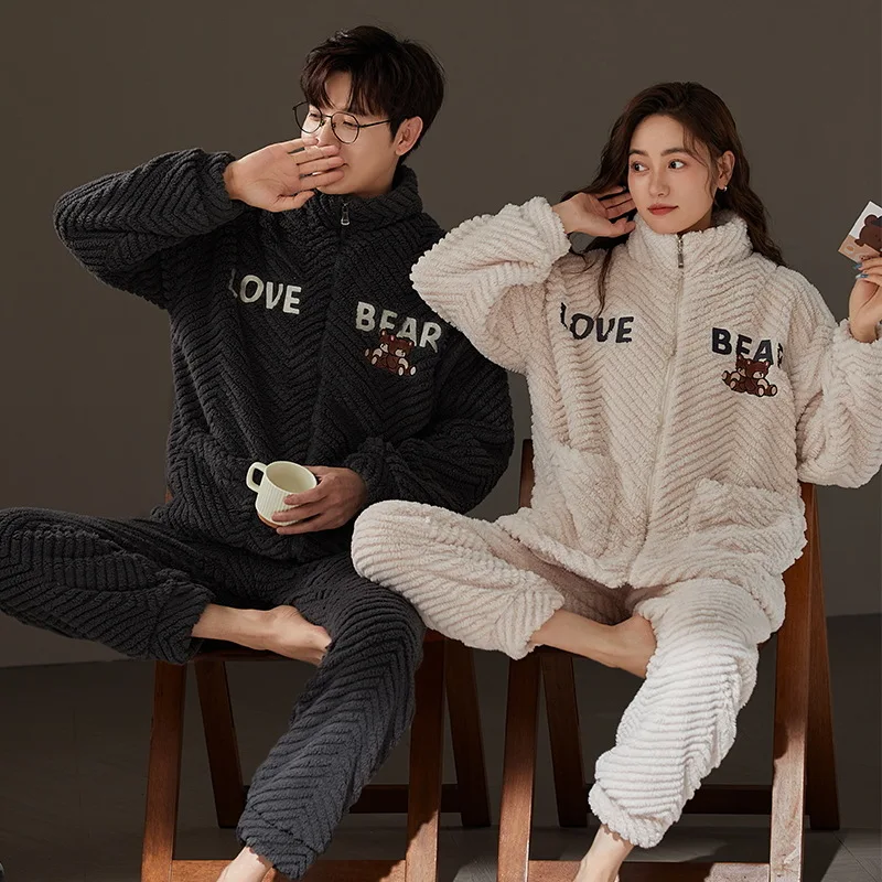 Couple Pajamas Women Flannel Sleepwear Winter Fleece Thick Warm Coral Fleece Men's Zipper Pijama Set Large size Homewear hombre