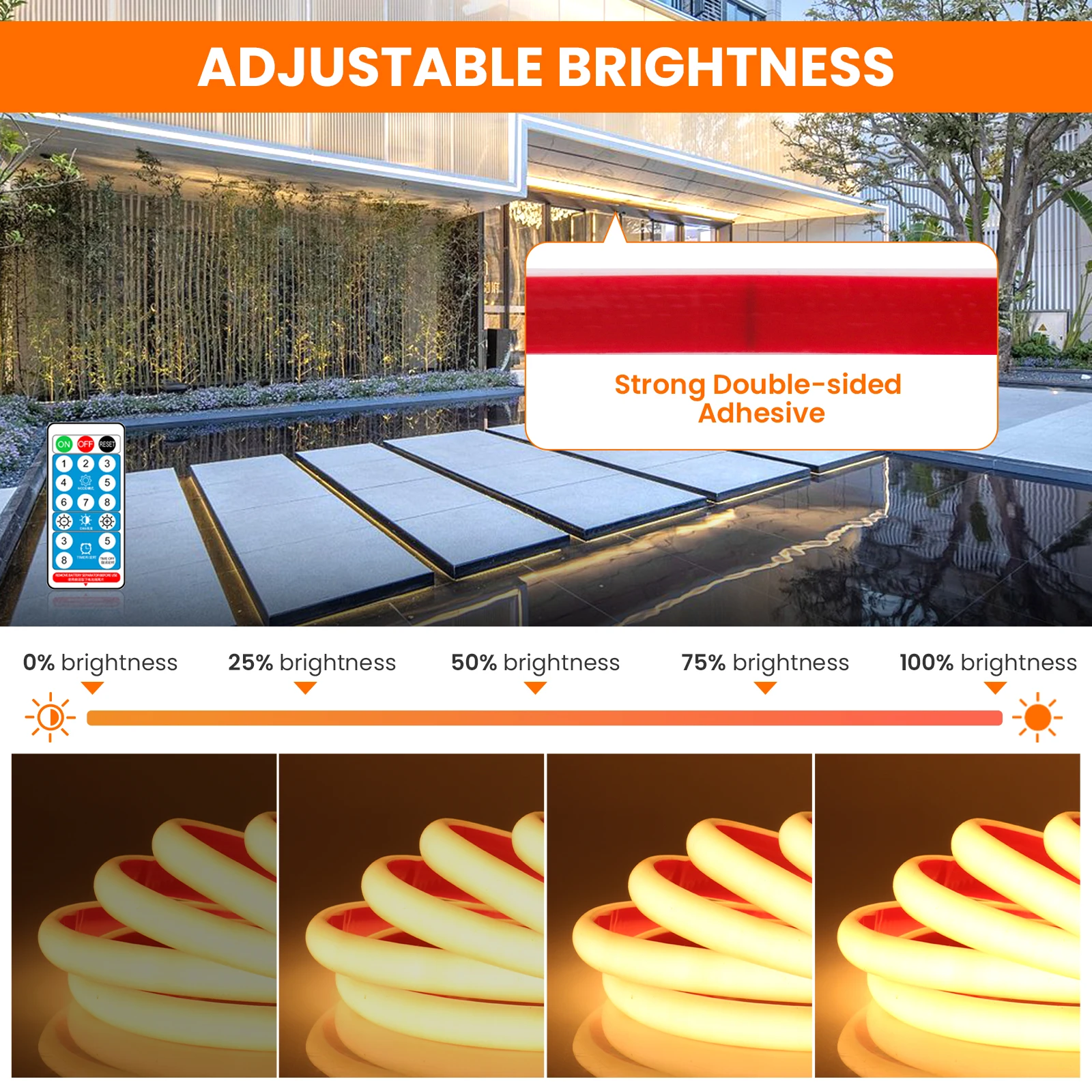 Solar Power LED Strip Light IP68 Waterproof COB LED Strip with Remote 12V Dimmable Flexible LED Neon Light Swimming Pool Decor
