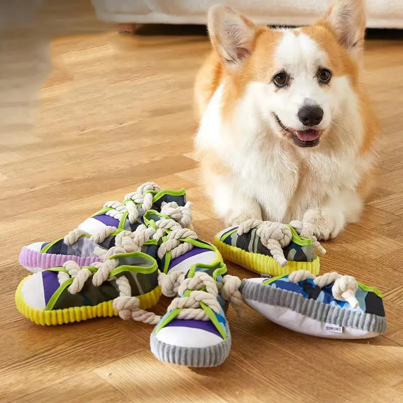1PC Dog Toys Shoes Pet Cotton Rope Slippers Sound Making Toys Teeth Cleaning Built-in BB Airbag Round Ball Bell Various