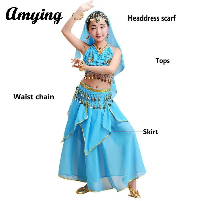 

4PCS Belly Dance Costume Set For Girls Arabic Sequin Clothes Children Indian Dance Outfit Kids Performance Practice Clothing