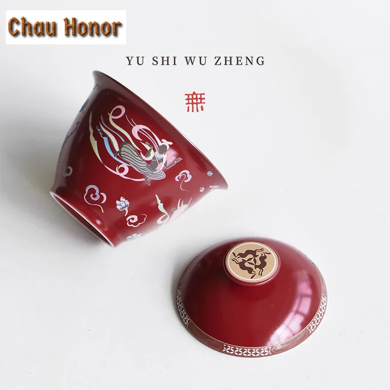 110ml Bearish Red Dunhuang Apsaras Gaiwan Elegant Tea Tureen Tea Bowl with Lid Kit Tea Brewing Cover Bowl Tea Ceremony Craft