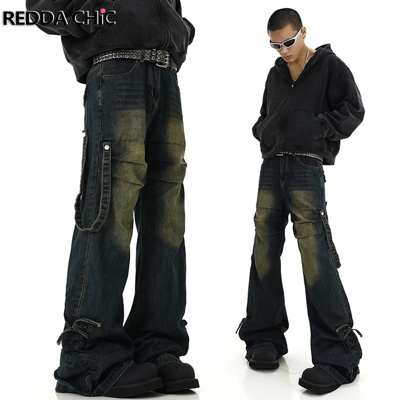 

ReddaChic Vintage Wash Whiskers Flare Jeans Men Casual Drawstring Stacked Pleated Wide Leg Pants Belt Deconstructed Bell Bottoms