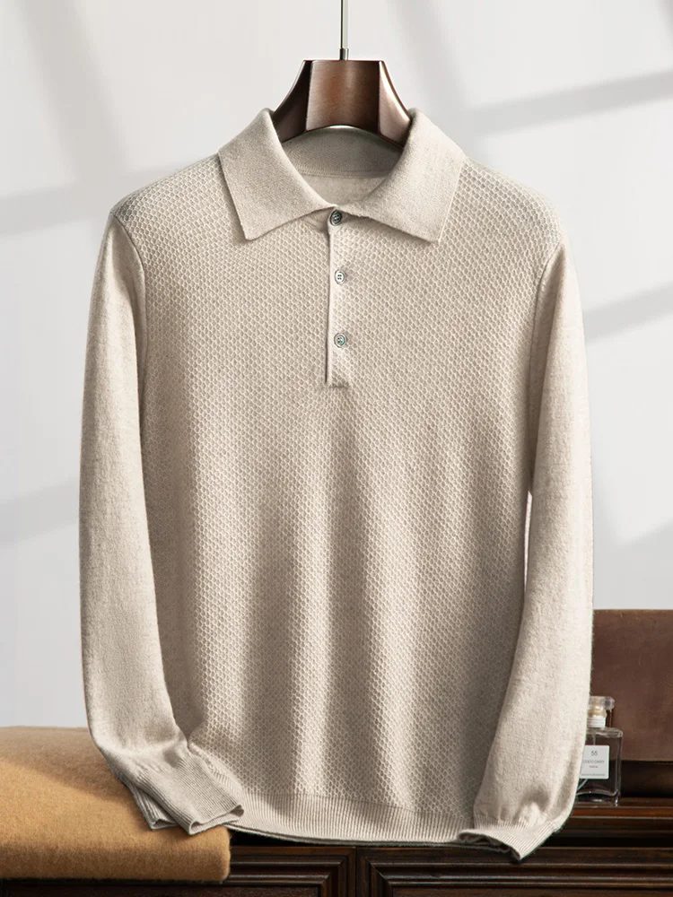 Autumn Winter Men 100% Cashmere Sweater Luxury Shirt Collor Pullover Casual Smart Jumpers Soft Cozy Knitwear Beehive Tops Cloth 6