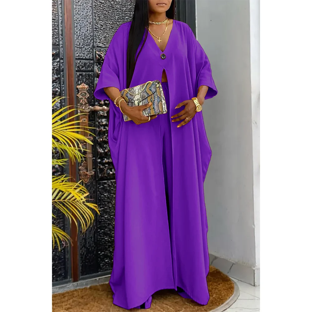 Plus Size Casual Long Sleeve Slit Contrast Paneled Two Pieces Pants Set