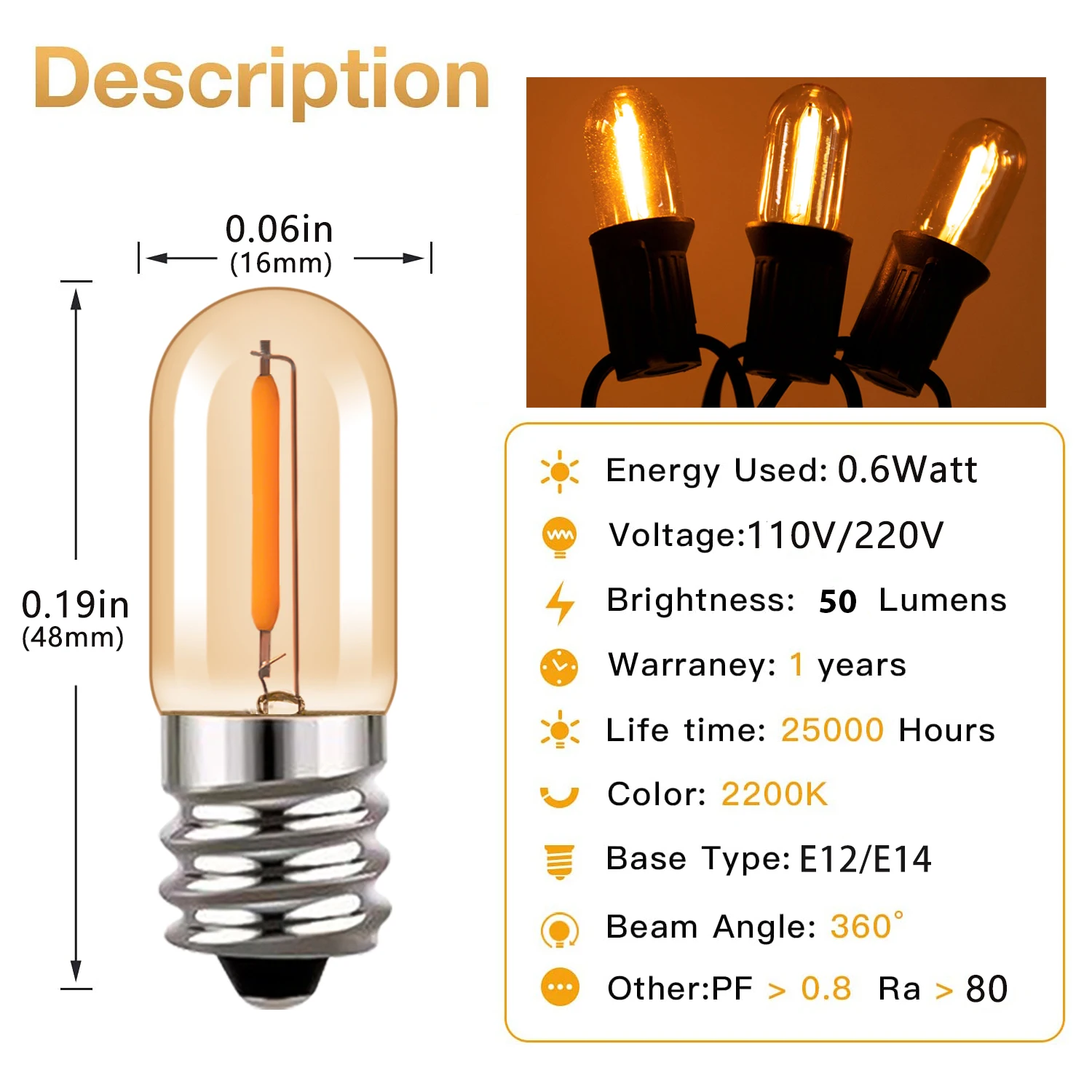 빈티지 E12 미니 야간 램프, E14 LED 필라멘트 전구, T16, 0.6W 냉장고 조명 교체, 관형 샹들리에 에디슨 전구
