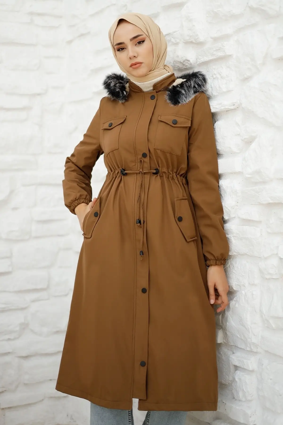 

Pocket Clad Fleece 0880 Coat-Brown Outdoor Zipper Hijab Coats & Clothing