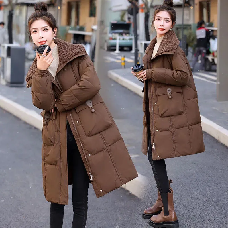 

New Winter Female Down Cotton Jacket Spliced Lapel Long Padded Jacket Fashion Women's Warm Parka Overcoat Cotton Clothes Black