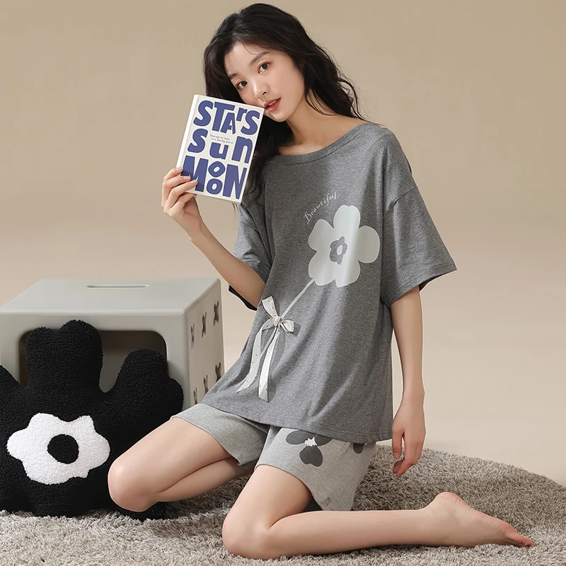Summer New Sleepwear Women's Pure Cotton Simple Sweet Loose Print Pullover Short Sleeves Can Be Outworn Home Furnishing Set