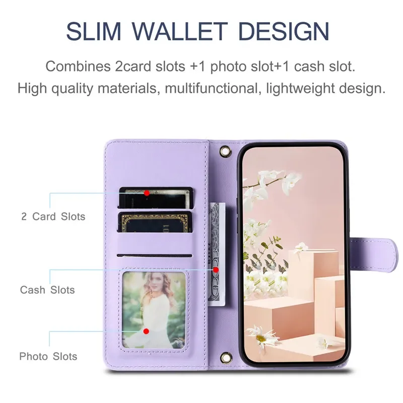 Premium Long Lanyard Flip Leather Wallet Phone Case with Card Holder and Cover