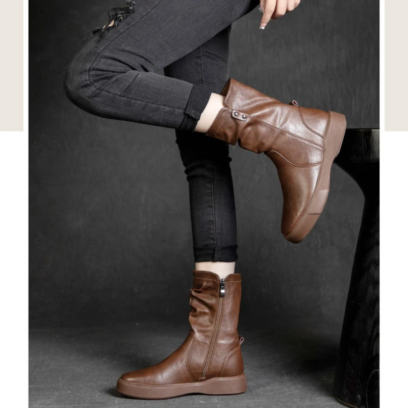 

2023 Autumn/Winter Women's Boots Versatile Genuine Leather Thick Sole Short Boot Platform Snow Boots Botas de mujer Women shoes