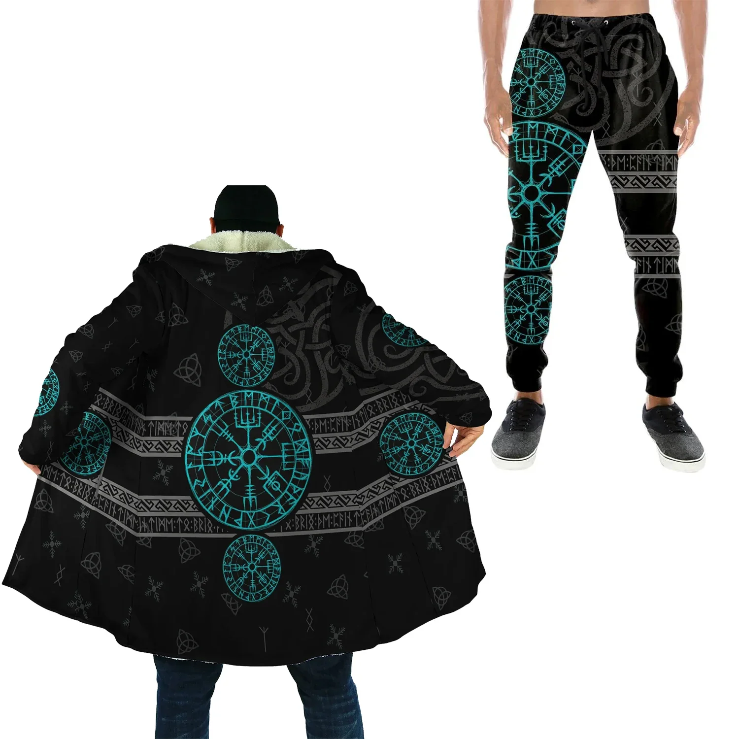 Wool Overcoat Thick Warm Hooded Cloak For Men Viking Tattoo Symbol Armor Overcoat Coat Print Windproof Fleece Unisex Casual-A24