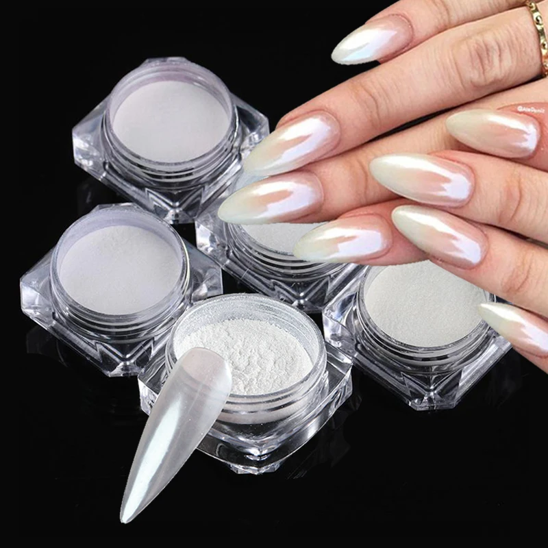 1 Scatola Chrome White Pearl Shell Powder Nail Glitter Pigment Glimmer Chrome Dip Dust Aurora Mirror Effect Manicure Nail Decoration
