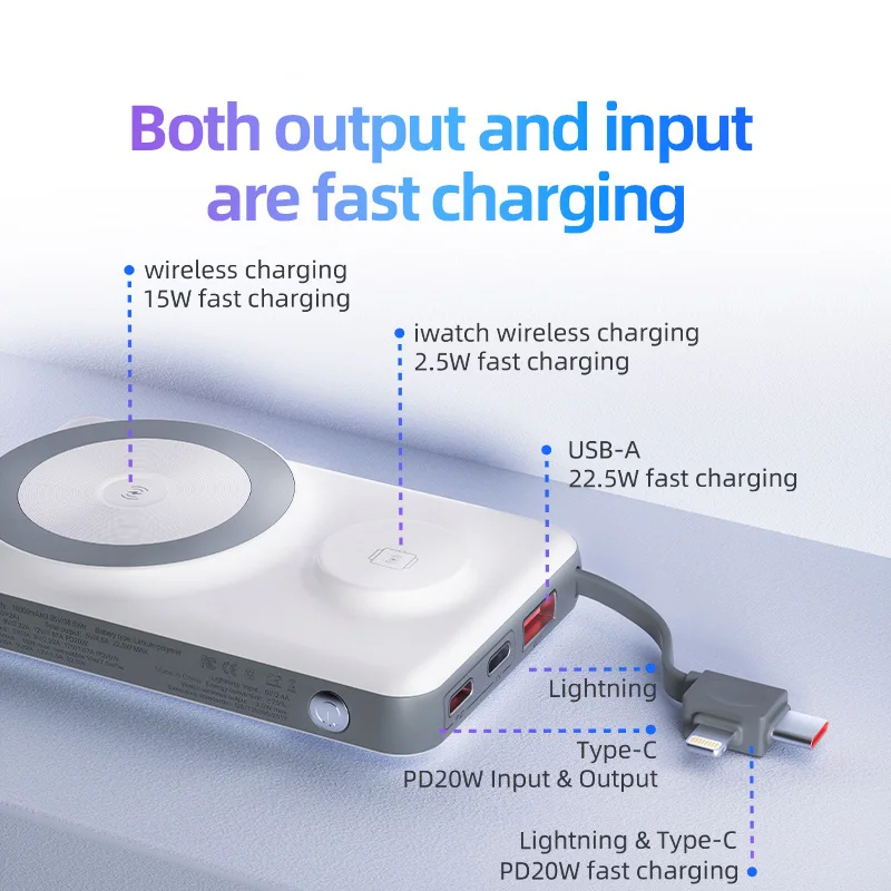 Fast Charger Power Bank with Cable, Wireless Magnetic Powerbank,for Magsafe Battery, iPhone, Huawei, Iwatch, 10000mAh,PD 22.5W