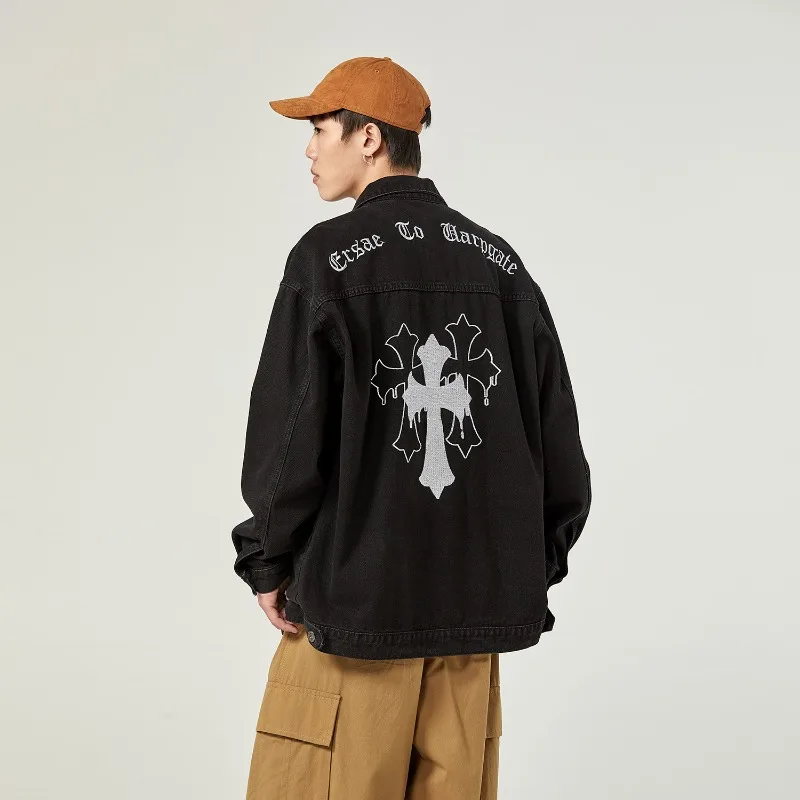 

Men's Cross Fashion Heavy Industry Black Loose Denim Jacket