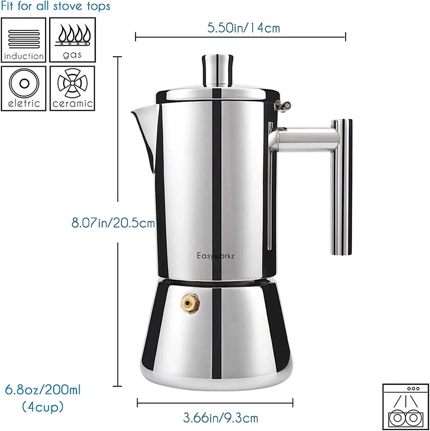Easyworkz-cafetera italiana de acero inoxidable para el hogar, máquina de café expreso de 4 tazas, de inducción, de 6,8 oz, modelo Diego Stovetop
