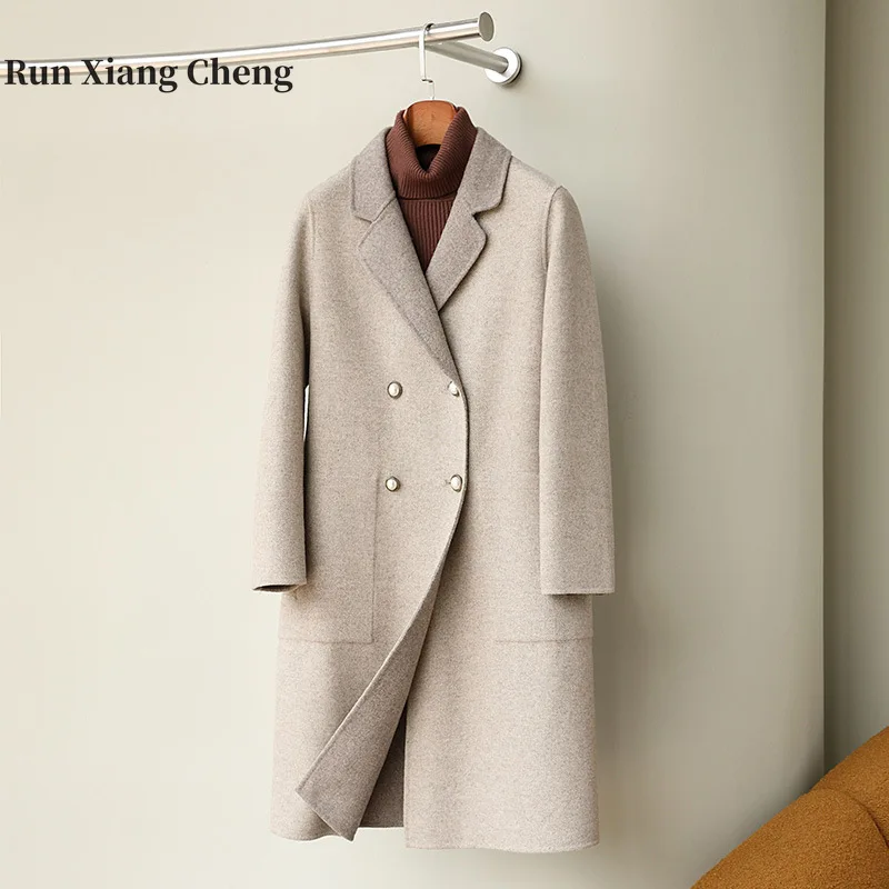 

RUN XIANG CHENG 2023 Autumn Double Sided Coat Women Mid Length Straight Tube Woolen Woolen Wool Suit Collar Coat Free Shipping