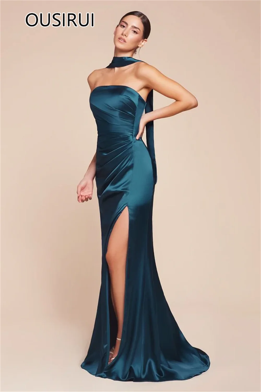 OUSIRUI Boat Collar Satin Pleated Formal Evening Party Dress Sleeveless Mermaid Side Slit Court Prom Bridal Gown robe de mari&eacute;e