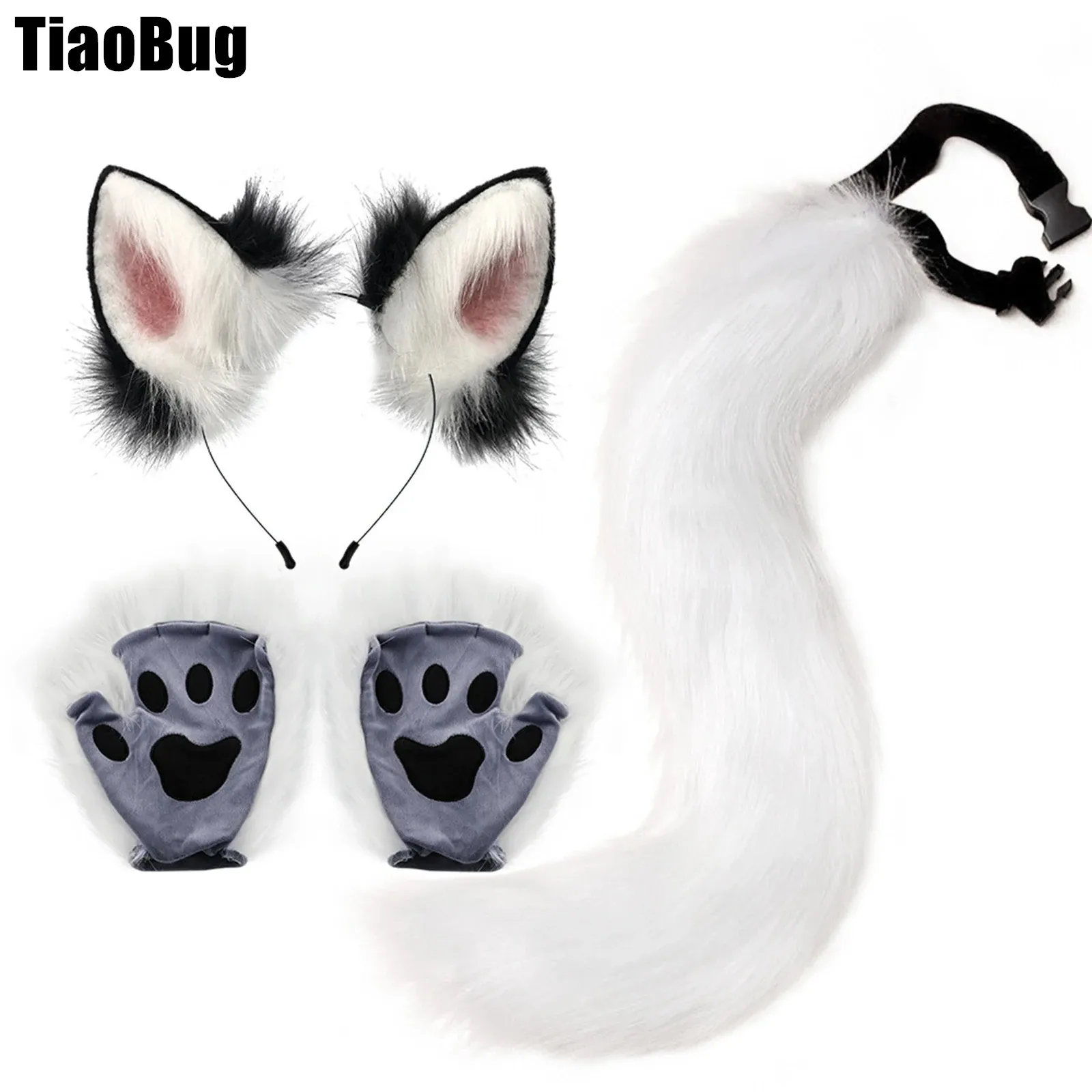 

Cat Faux Fur Dress Up Accessory Halloween Cosplay Set Fox Wolf Kit Ears Headwear Paw Push Gloves And Tails 3-Piece Animals Anime