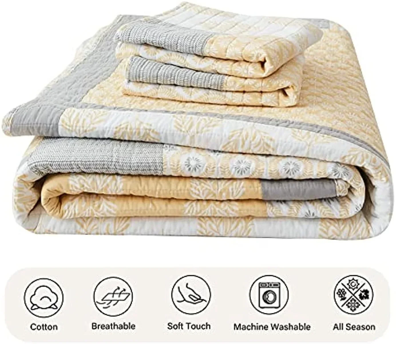 100% Cotton Lightweight Queen Quilt Set, Yellow Grey White Reversible Soft Queen Quilt Bedding Set All Season, 3 Pieces