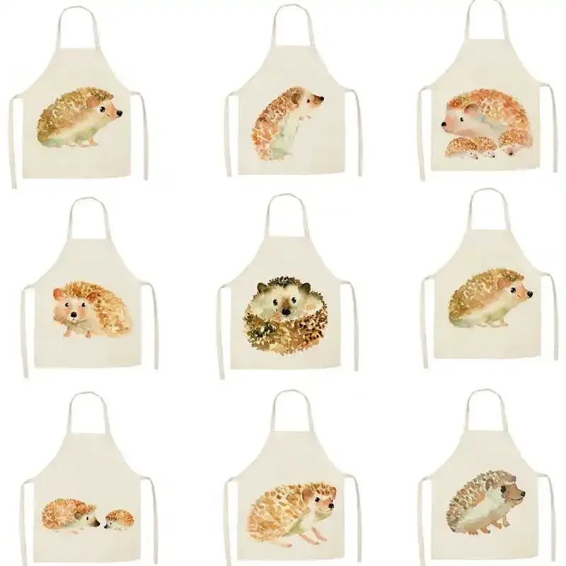 

Men's Women's Household Cleaning Tools Kitchen Apron Cartoon Hedgehog Print Sleeveless Linen