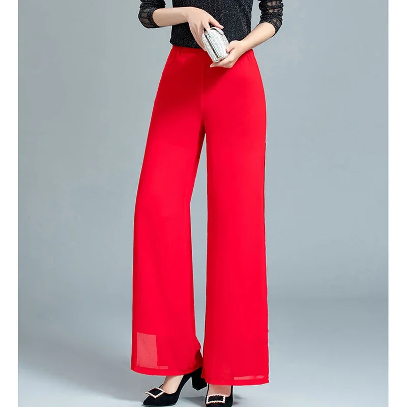 Elegant Split Chiffon Pants Women High Waist Trousers Loose Straight Casual Pants Slit Wide Leg Pants Female Fashion Streetwear